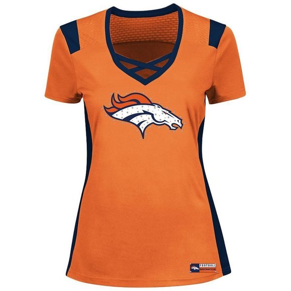 NEW Draft Me NFL Football Shirt DENVER BRONCOS Small or Medium Jersey BLING NWT - Picture 1 of 6